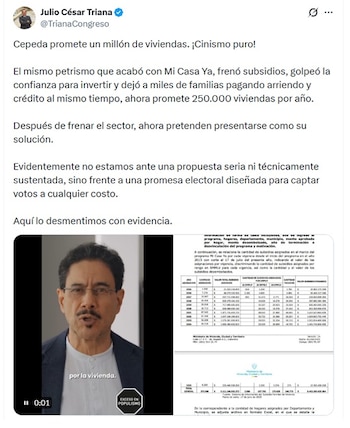 Julio César Triana, deputado no Senado, disse que após o encerramento da plataforma, o Petrismo pretende se apresentar como solução - crédito @TrianaCongreso/X