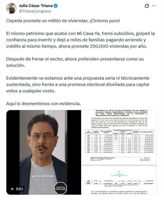 Julio César Triana, representante a la Cámara, dice que después de frenar el sector, ahora el petrismo pretende presentarse como su solución - crédito @TrianaCongreso/X