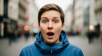 Primer plano de una persona con cabello castaño corto, chaqueta azul, boca abierta y ojos grandes. El fondo es una calle urbana desenfocada con luces borrosas.