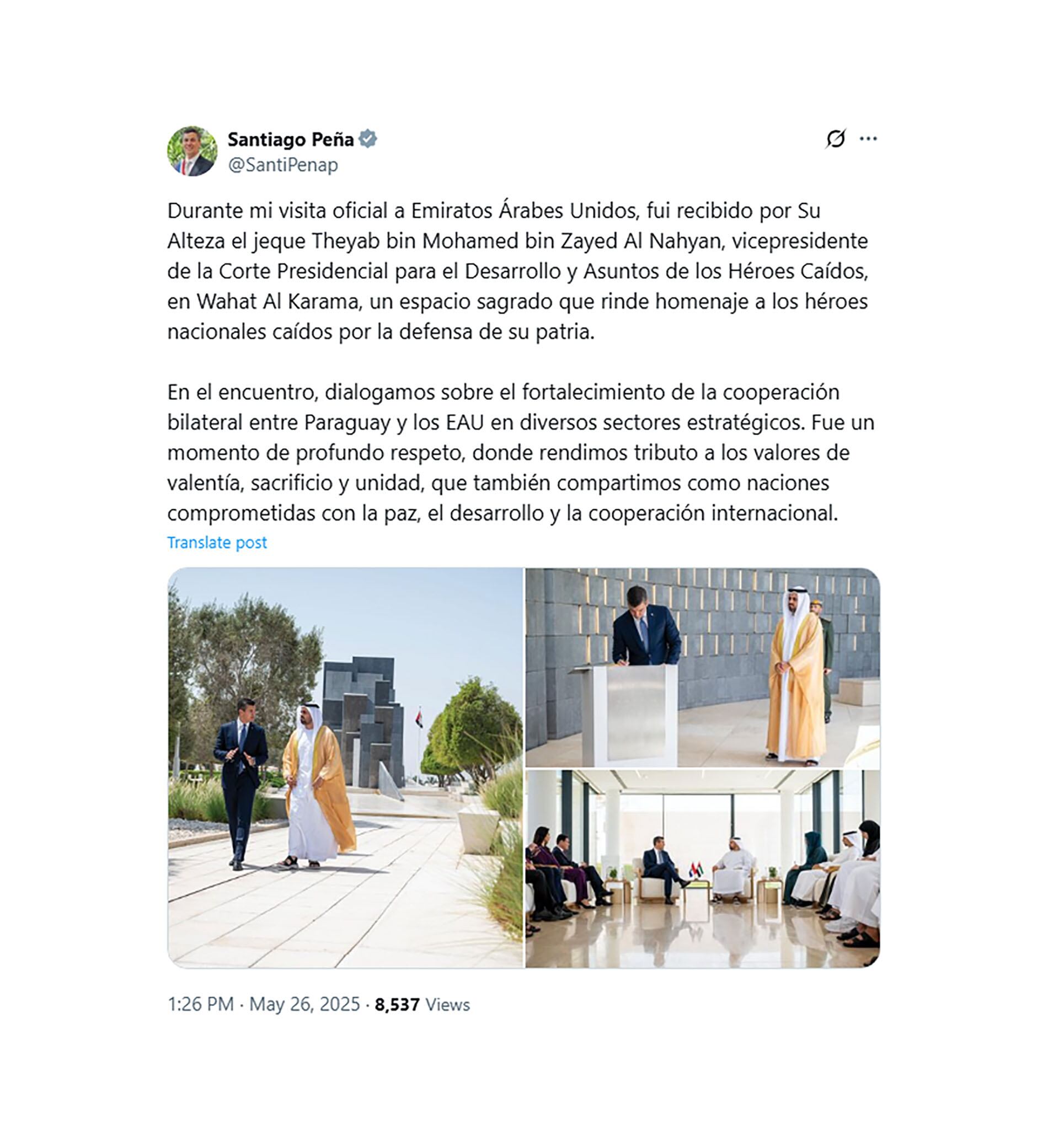 El mensaje de Santiago Peña en X