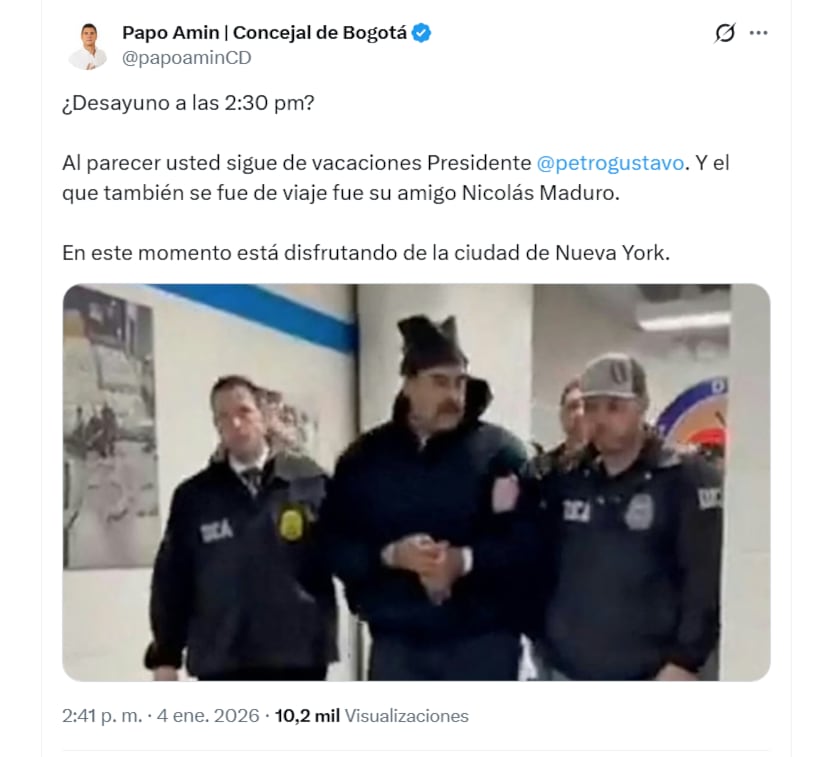 El concejal de Bogotá Humberto “Papo” Amin hizo un comentario mordaz sobre el desayuno tardío de Petro - crédito @papoamin/X
