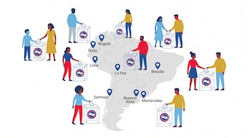 Mapa de Sudamérica con marcadores geográficos y personas que depositan votos en urnas con el logotipo del Tribunal Supremo Electoral.