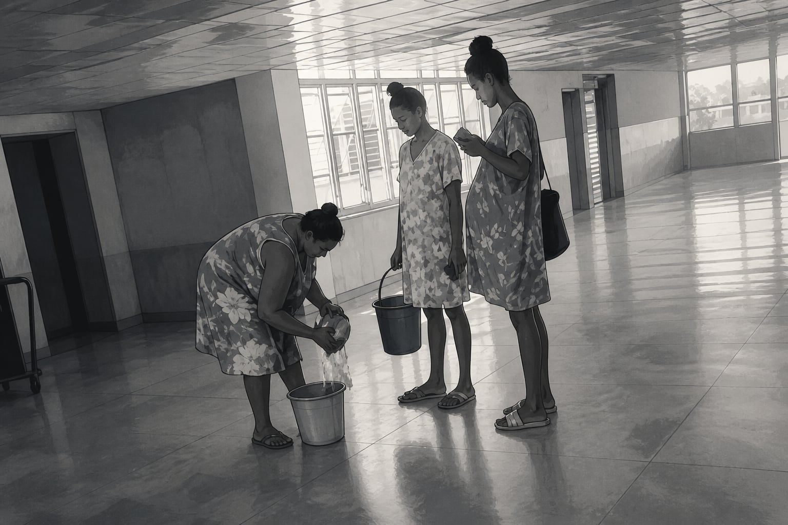 Tres mujeres, entre ellas dos embarazadas, recogen agua en cubetas dentro del pasillo de un hospital en Cuba. (Imagen Ilustrativa Infobae)