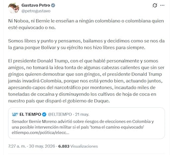 Petro se refirió a las palabras de Moreno un día antes de la celebración de los comicios presidenciales en Colombia, que se llevarán a cabo el domingo 31 de mayo de 2026 - crédito @petrogustavo/X
