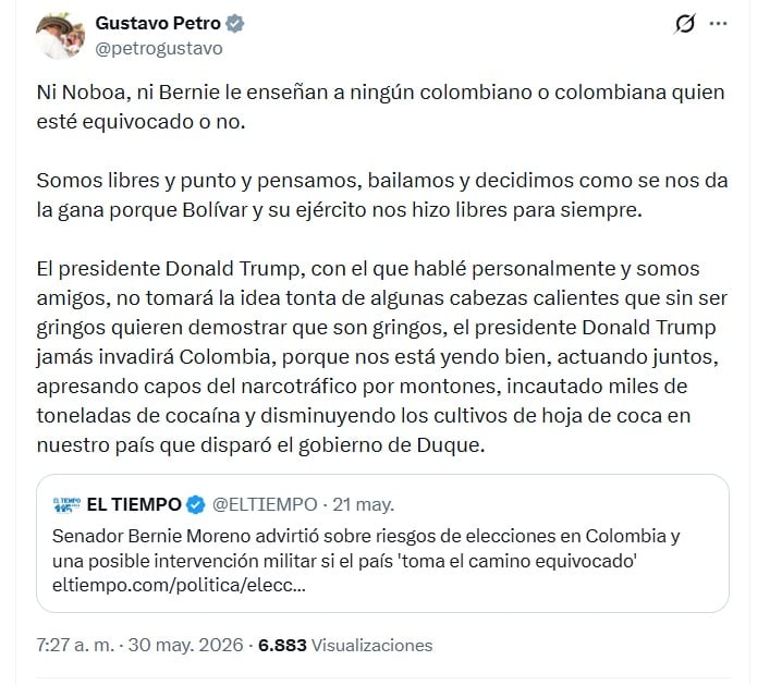 Petro se refirió a las palabras de Moreno un día antes de la celebración de los comicios presidenciales en Colombia, que se llevarán a cabo el domingo 31 de mayo de 2026 - crédito @petrogustavo/X