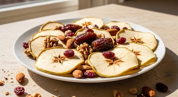 Plato blanco con rodajas de manzana deshidratada, dátiles, almendras, nueces y arándanos. Se observa sobre una mesa de mármol beige con luz natural de ventana.