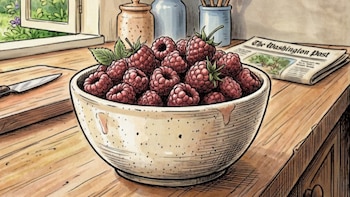 A ceramic bowl full of red Tayberries and green leaves on a wooden table, next to a knife, a cutting board and a newspaper in a kitchen