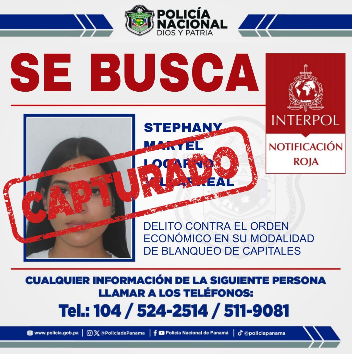 Stephany Maryel Villarreal fue capturada en España en una operación coordinada entre autoridades panameñas, Interpol y la Policía Nacional española. Tomada de la PN