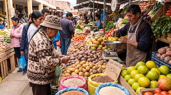 Una mujer y un comerciante junto a cajones de papas, sacos de quinua, frutas y una balanza en el pasillo de un mercado al aire libre.