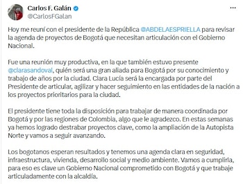 Lejos de ese reproche, Galán respaldó la decisión presidencial y la presentó como una herramienta para acelerar trámites ante las entidades nacionales - crédito @CarlosFGalan/X