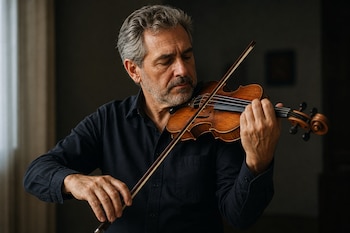 Un hombre de cabello canoso y camisa oscura toca un violín de madera con un arco cerca de una ventana.