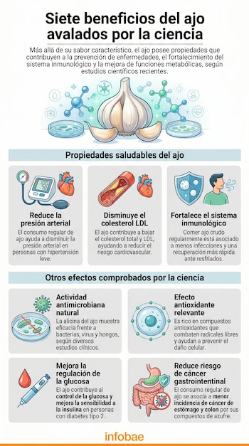 Infografía: Siete beneficios del ajo avalados por la ciencia. Ilustración de ajo y moléculas. Seis recuadros con texto e íconos que representan beneficios para la salud. Logotipo Infobae.