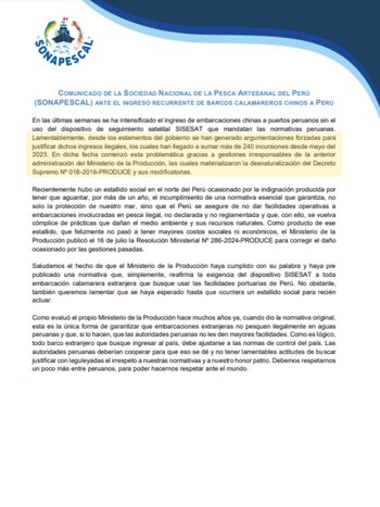 Pronunciamiento Sonapescal emitido el 21