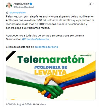 El gobernador Andrés Julián Rendón afirmó que el material serviría para construir dos centenares de casas - crédito @AndresJRendonC/X
