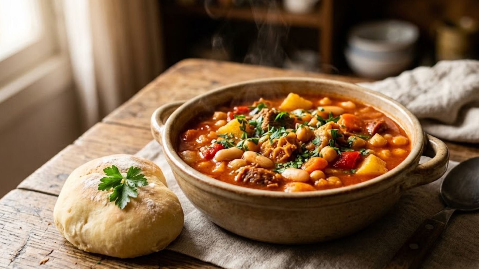 Un guiso caliente de mondongo con porotos, garbanzos, verduras y perejil picado se sirve en un cuenco rústico junto a un pan. (Imagen Ilustrativa Infobae)