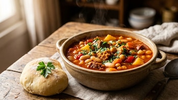 Un cuenco de cerámica con guiso caliente de mondongo, porotos, garbanzos y vegetales. Un pan redondo con perejil y una cuchara de metal en una mesa de madera
