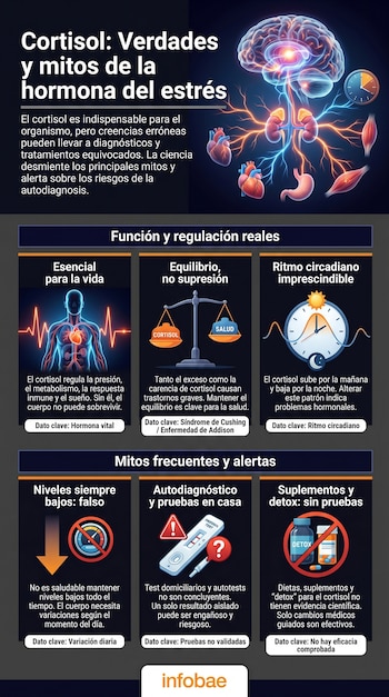 Infografía sobre el cortisol mostrando un cerebro, órganos internos, un reloj circadiano, escalas y símbolos de pruebas y suplementos. Destaca verdades y mitos.