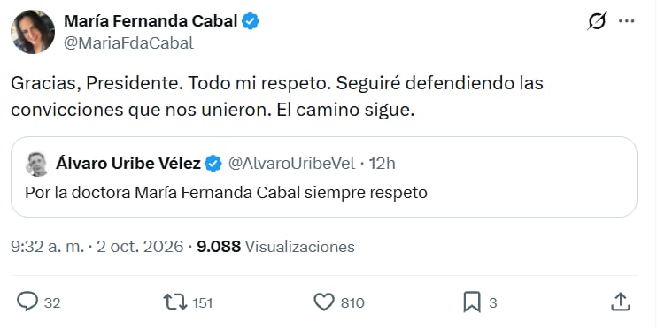 En respuesta al mensaje del expresidente Álvaro Uribe, la exsenadora del Centro Democrático agradeció las palabras del exmandatario y defendió su intención de abrir un nuevo camino - crédito @MariaFdaCabal/X