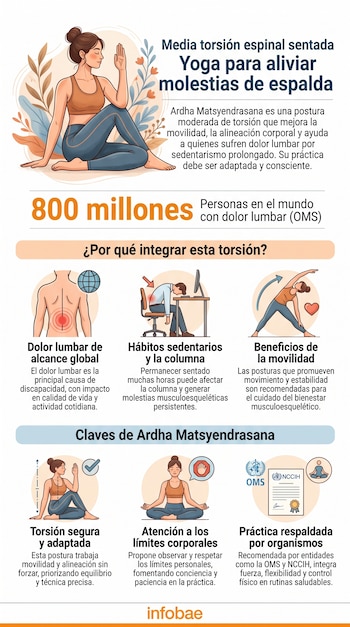 Ilustración de mujer en postura de yoga Ardha Matsyendrasana; texto sobre alivio del dolor de espalda, sedentarismo y movilidad; cifra de 800 millones de personas afectadas; logos de OMS, NCCIH e Infobae.