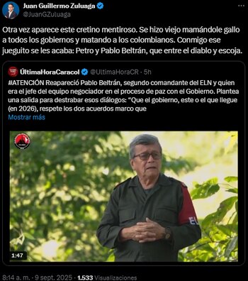 Juan Guillermo Zuluaga dijo que Pablo Beltrán le ha 'tomado el pelo' a todos los gobiernos - crédito @JuanGZuluaga