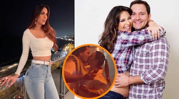 Mujer con top blanco y jeans a la izquierda; a la derecha, hombre y mujer embarazada abrazándose; un círculo muestra a la pareja besándose.