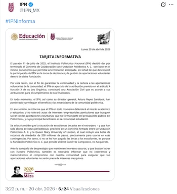 Una tarjeta informativa del Instituto Politécnico Nacional (IPN) con el texto sobre la terminación de un convenio y la creación de una asociación civil