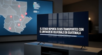 Pantalla de televisión con titular sobre el informe de 23.925 transportes con limitador de velocidad en Guatemala, y un mapa geográfico de fondo.