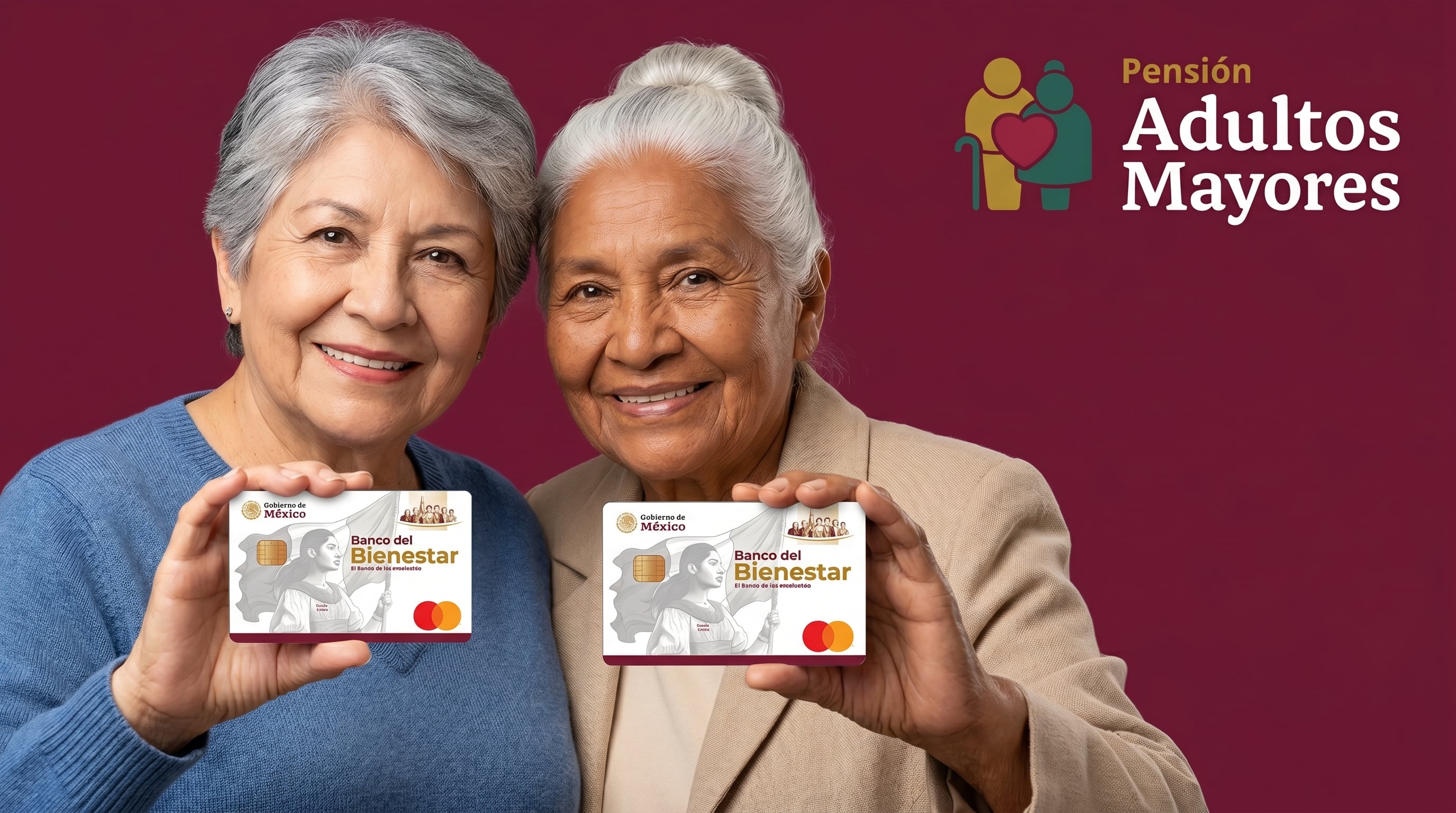Dos amigas adultas mayores sonríen cálidamente mientras muestran sus tarjetas de débito del Banco del Bienestar, parte del programa Pensión Adultos Mayores del Gobierno de México. (Imagen Ilustrativa Infobae)