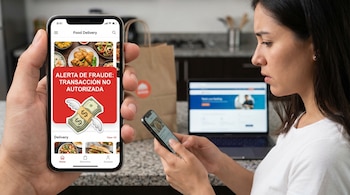 Primer plano de un celular mostrando una alerta de fraude en una app de delivery con dinero volando, mientras una mujer mira su propio teléfono en el fondo.