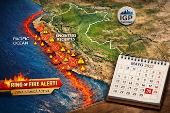 Mapa de Perú con epicentros sísmicos, una franja "Ring of Fire Alert!", el logo del IGP y un calendario de mayo 2022 con el día 30 resaltado.