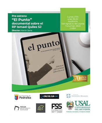 Cartel promocional del pre-estreno del documental "El Punto" sobre Ismael Quiles, mostrando una tablet con la imagen del padre y texto descriptivo