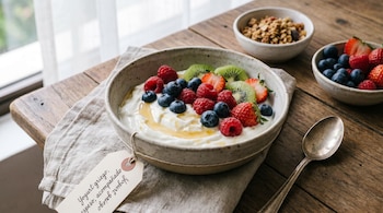 Un tazón de yogurt griego con frambuesas, arándanos, fresas, rodajas de kiwi y miel, está sobre una mesa de madera con una cuchara y cuencos adicionales de granola y frutas.