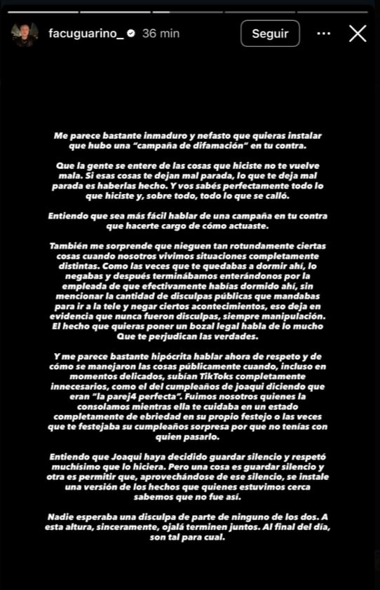 Además, Guarino dio a entender que ocurrió algo entre los artistas cordobeses durante un viaje a Brasil (Instagram)