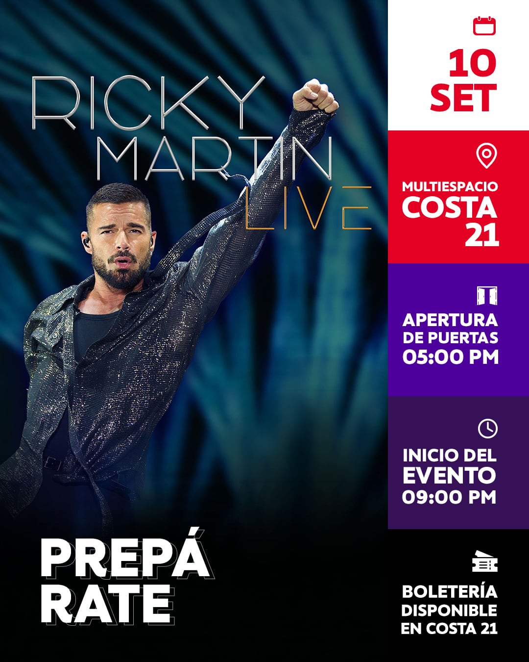 Conciertos de Ricky Martin en Costa 21. Los horarios son los sgtes. Tk