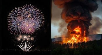 Dos fotografías lado a lado. Izquierda: fuegos artificiales multicolores en cielo oscuro. Derecha: incendio forestal con llamas rojas y humo negro sobre árboles.