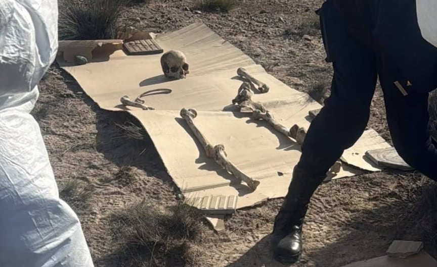 Personal policial se trasladó al lugar tras el aviso del vecino, constató la presencia de un cráneo y distintas bolsas con huesos, y procedió al secuestro de la totalidad del material encontrado (Foto: MPF Chubut)