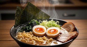 Tazón de ramen caliente con fideos, huevo partido, cerdo, algas y cebolla verde sobre una mesa de madera