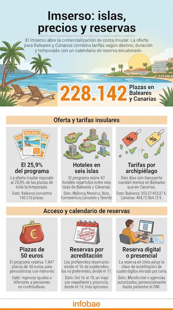 Infografía con recuadros ilustrados que contienen folletos, hoteles, etiquetas de precios, un monedero, un cartel y un usuario ante una computadora.