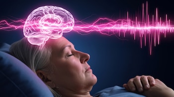 Una mujer de edad avanzada duerme acostada mientras sobre su cabeza se observa el gráfico de un cerebro iluminado con ondas de color rosa.