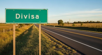 Un cartel verde con "Divisa" se alza junto a una carretera asfaltada de dos carriles. Campos de hierba seca y árboles dispersos se ven bajo un cielo azul.