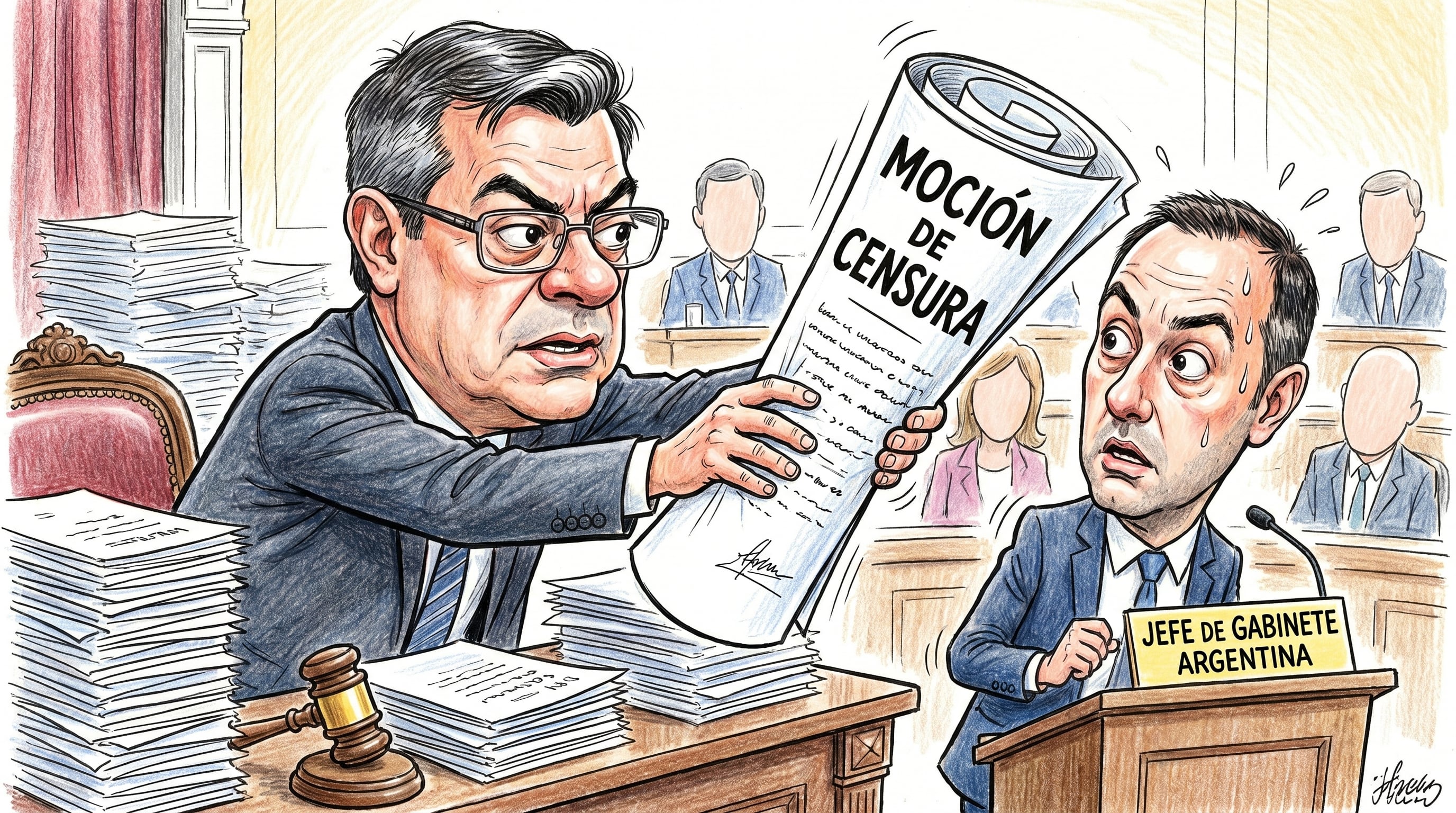 El diputado nacional Germán Martínez, caricaturizado, presenta una moción de censura al Jefe de Gabinete de Argentina, Manuel Adorni (Imagen Ilustrativa Infobae)