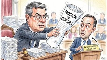 Caricatura del diputado Gerardo Martínez presentando una "MOCIÓN DE CENSURA" al Jefe de Gabinete Manuel Adorni, quien luce sudoroso y preocupado en un entorno legislativo.