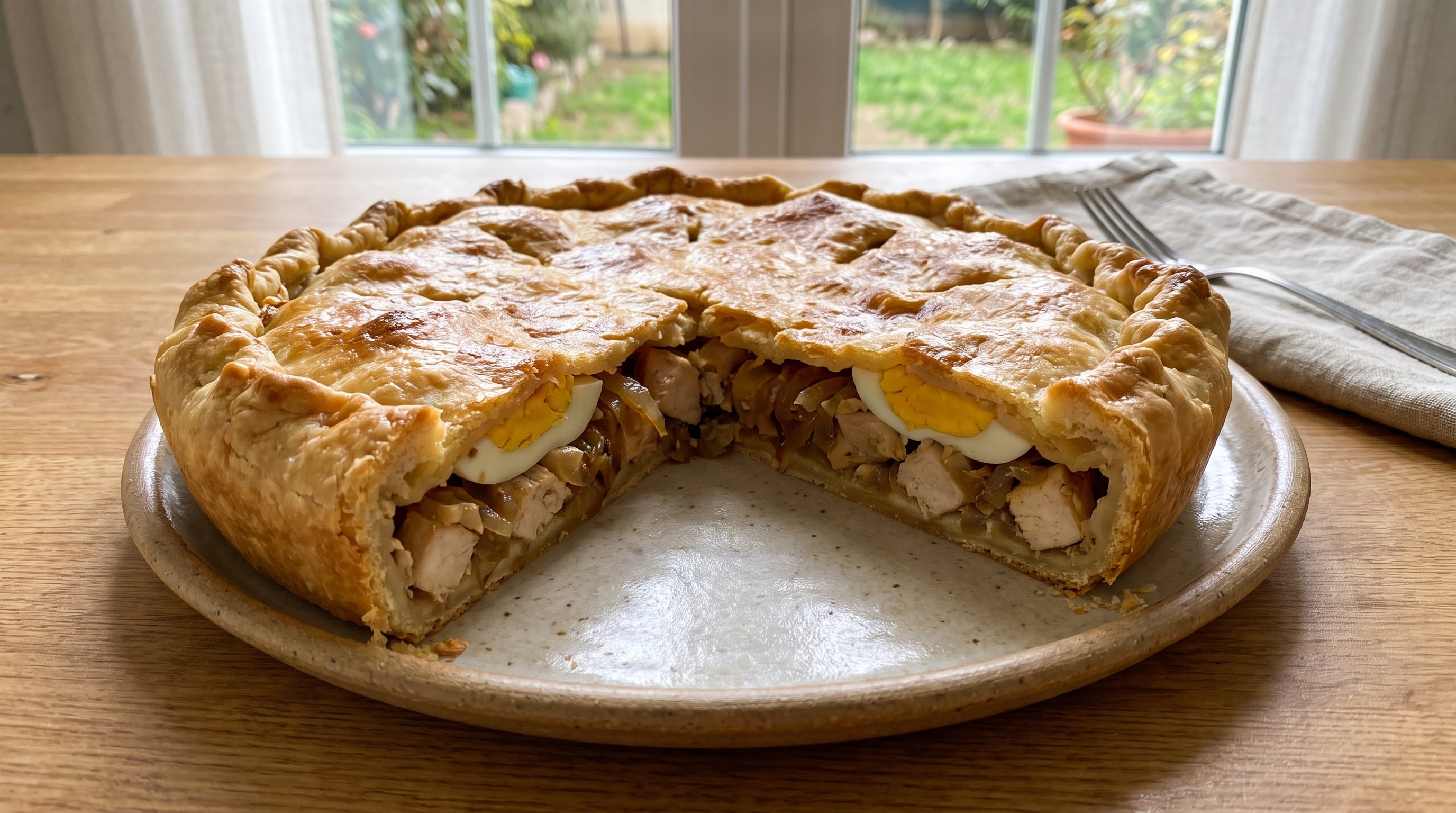 La tarta salada se prepara con base y tapa de masa comprada, pollo desmenuzado, cebolla rehogada y huevos batidos para integrar el relleno - (Imagen Ilustrativa Infobae)