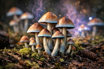 Primer plano de grupo de hongos de sombrero marrón y tallo claro sobre tierra con musgo y restos vegetales, con fondo oscuro borroso y destellos morados.