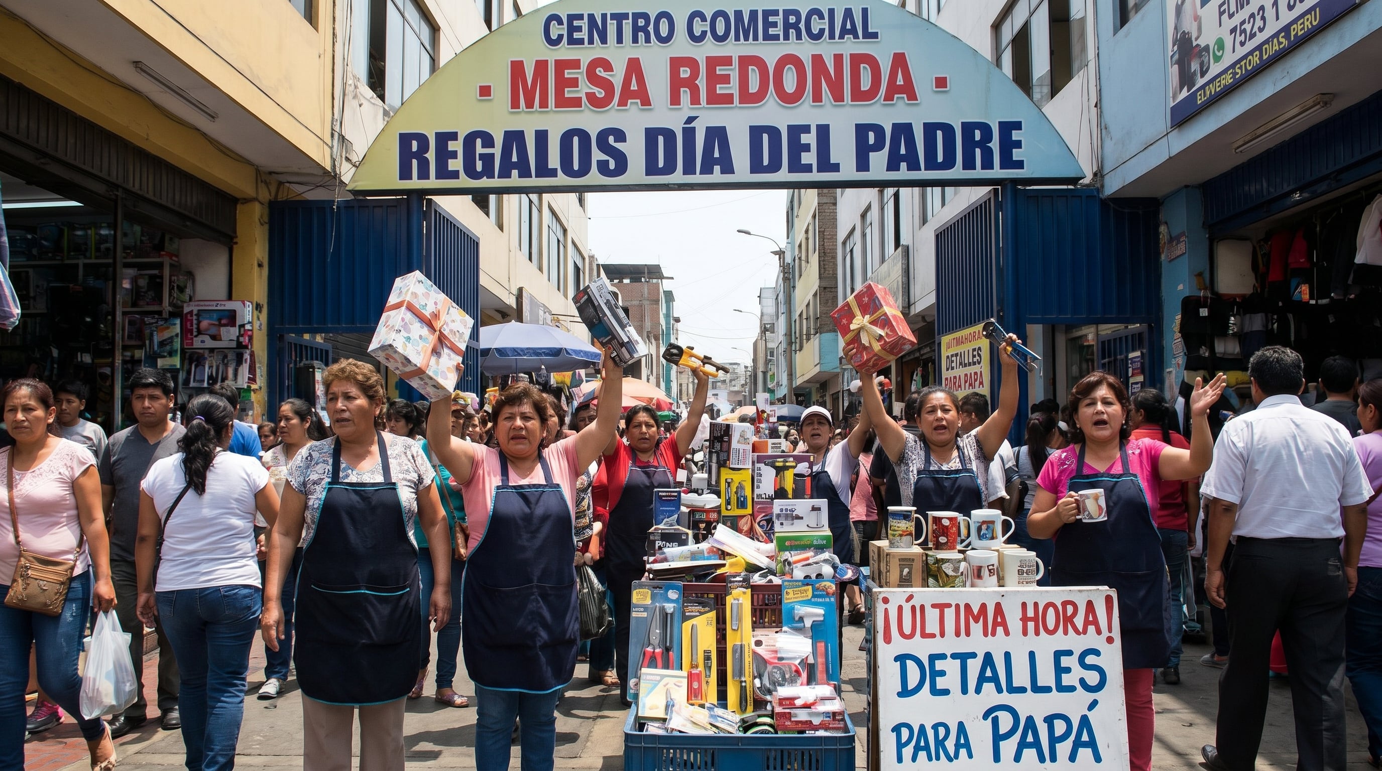 Varias vendedoras levantan regalos y herramientas para promocionar ofertas de última hora en el Centro Comercial Mesa Redonda con motivo del Día del Padre. (Imagen Ilustrativa Infobae)