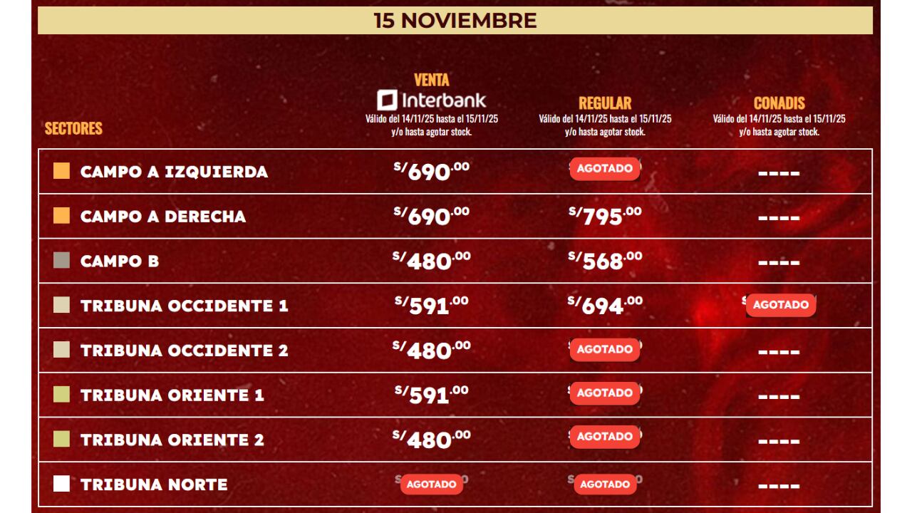 Zonas, precios y disponibilidad para el 15 de noviembre.