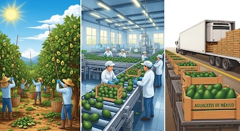 Ilustración de tres escenas: cosecha manual de aguacates, empleados clasificando fruta en planta procesadora y cajas de aguacates cargadas en un camión.