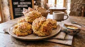 Varios scones de queso sobre un plato cerámico en una mesa de madera junto a un recipiente con mantequilla y una taza de café.