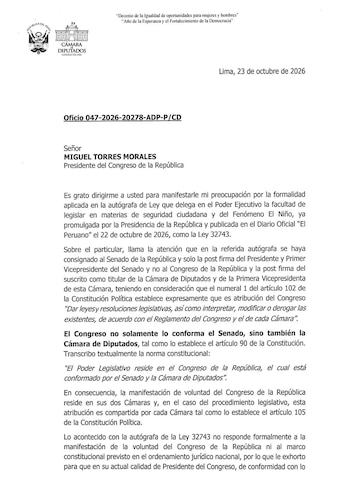 Página mecanografiada con el membrete oficial de la Cámara de Diputados de Perú, sellos institucionales y texto dividido en párrafos