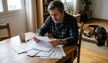 Hombre barbudo sentado en una mesa de madera con papeles, taza y bolígrafo. Un pastor alemán atigrado oscuro descansa en una cama de perro en el suelo